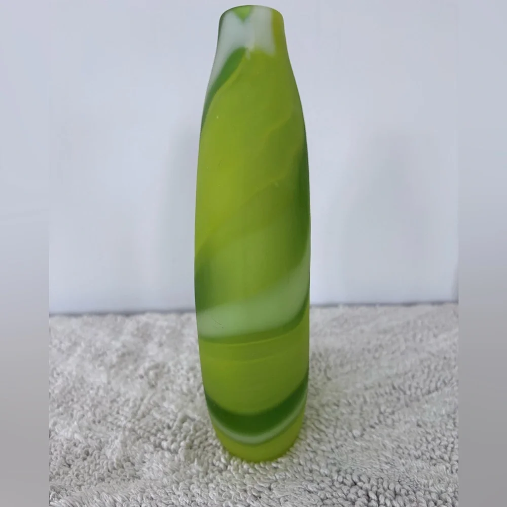 CRATE & BARREL Frosted Glass LIMA Vase Greens White Swirl 11